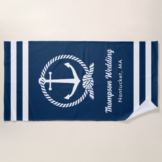 Nautical Navy Blue Anchor Custom Wedding Strandlaken (Voorkant)
