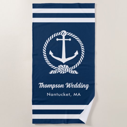 Nautical Navy Blue Anchor Custom Wedding Strandlaken (Voorkant)