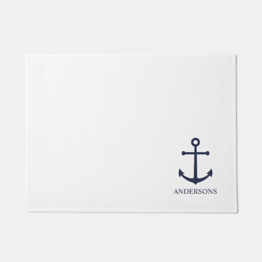 Nautical Navy Blue Anchor en aangepaste familienaa Deurmat (Voorkant)