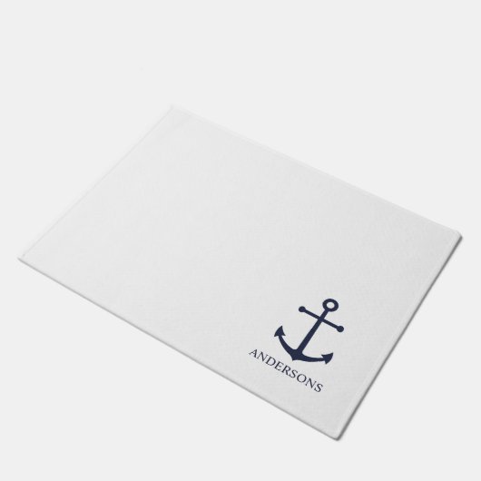 Nautical Navy Blue Anchor en aangepaste familienaa Deurmat (Schuin)