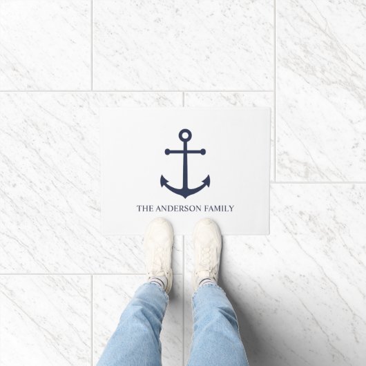 Nautical Navy Blue Anchor en aangepaste familienaa Deurmat (Binnen)