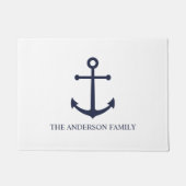 Nautical Navy Blue Anchor en aangepaste familienaa Deurmat (Voorkant)