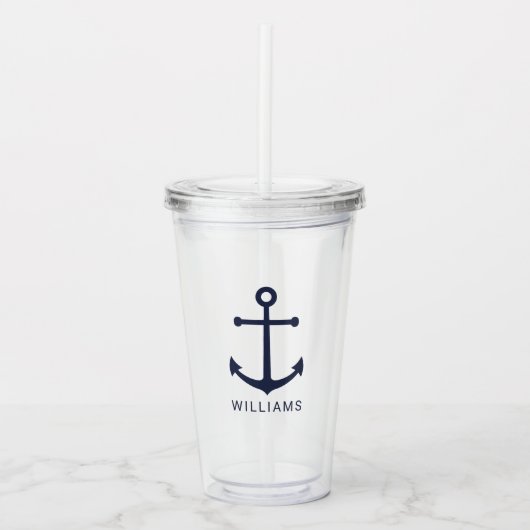 Nautical Navy Blue Anchor en aangepaste naam Acryl Drinkbeker (Voorkant)