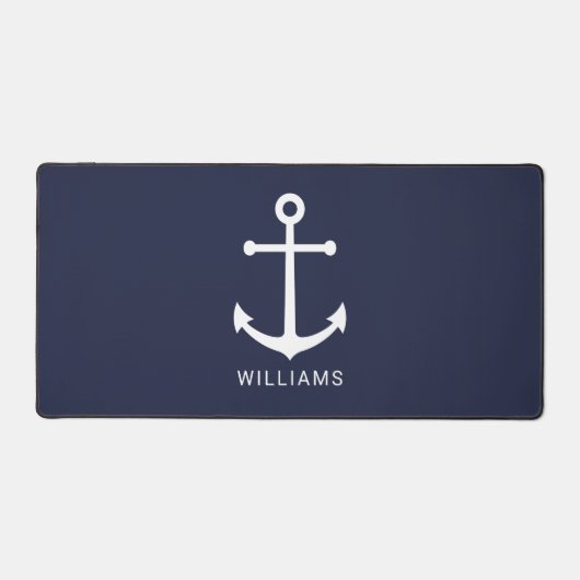 Nautical Navy Blue Anchor en aangepaste naam Bureaumat (Voorkant)