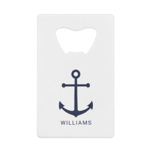 Nautical Navy Blue Anchor en aangepaste naam Creditkaart Flessenopener