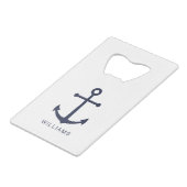Nautical Navy Blue Anchor en aangepaste naam Creditkaart Flessenopener (Voorkant Gekanteld)