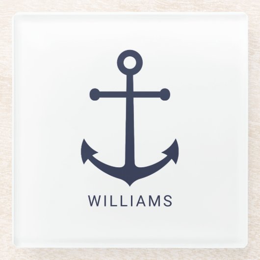 Nautical Navy Blue Anchor en aangepaste naam Glazen Onderzetter (Voorkant)