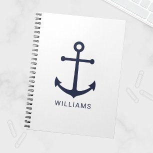 Nautical Navy Blue Anchor en aangepaste naam op wi Notitieboek