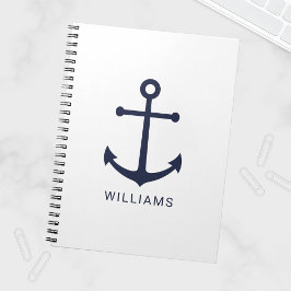 Nautical Navy Blue Anchor en aangepaste naam op wi Notitieboek