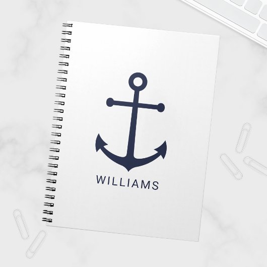 Nautical Navy Blue Anchor en aangepaste naam op wi Notitieboek