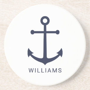 Nautical Navy Blue Anchor en aangepaste naam op wi Zandsteen Onderzetter