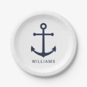 Nautical Navy Blue Anchor en aangepaste naam Papieren Bordje (Voorkant)