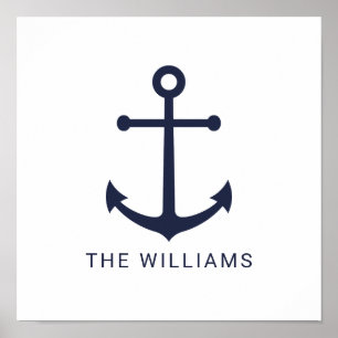 Nautical Navy Blue Anchor en aangepaste naam Poster