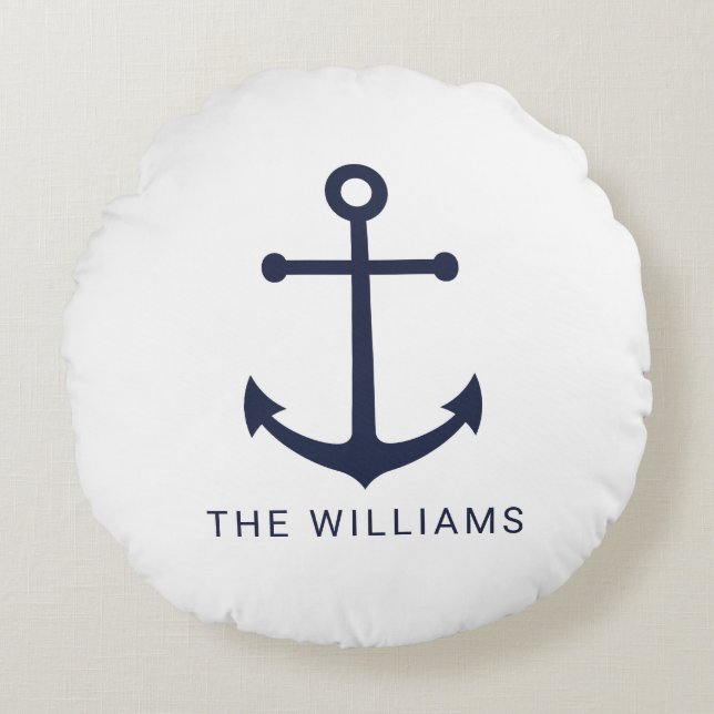 Nautical Navy Blue Anchor en aangepaste naam Rond Kussen (Voorkant)