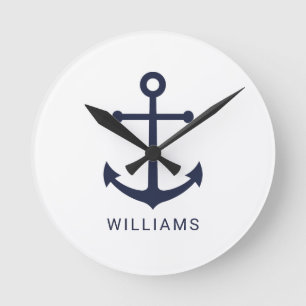 Nautical Navy Blue Anchor en aangepaste naam Ronde Klok