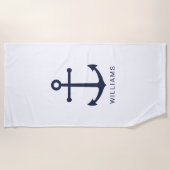Nautical Navy Blue Anchor en aangepaste naam Strandlaken (Voorkant)