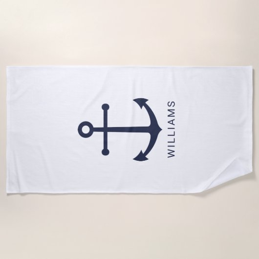 Nautical Navy Blue Anchor en aangepaste naam Strandlaken (Voorkant)