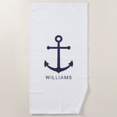 Nautical Navy Blue Anchor en aangepaste naam Strandlaken (Voorkant)