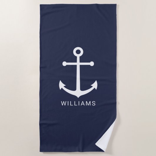 Nautical Navy Blue Anchor en aangepaste naam Strandlaken (Voorkant)