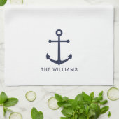 Nautical Navy Blue Anchor en aangepaste naam Theedoek (Gevouwen)