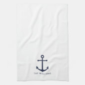 Nautical Navy Blue Anchor en aangepaste naam Theedoek (Verticaal)