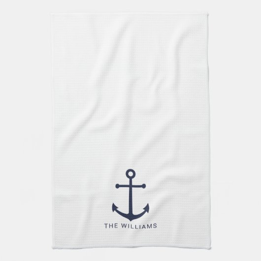 Nautical Navy Blue Anchor en aangepaste naam Theedoek (Verticaal)