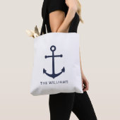 Nautical Navy Blue Anchor en aangepaste naam Tote Bag (Dichtbij)