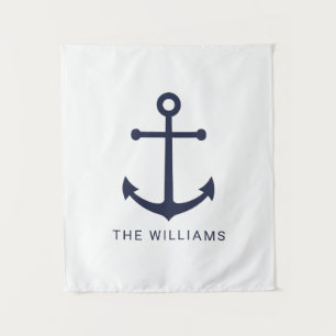 Nautical Navy Blue Anchor en aangepaste naam Wandkleed