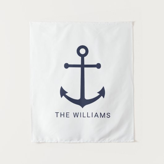 Nautical Navy Blue Anchor en aangepaste naam Wandkleed (Voorkant)