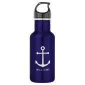 Nautical Navy Blue Anchor en aangepaste naam Waterfles (Voorkant)