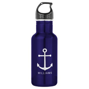 Nautical Navy Blue Anchor en aangepaste naam Waterfles