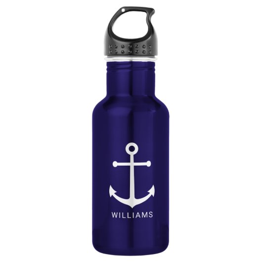 Nautical Navy Blue Anchor en aangepaste naam Waterfles (Voorkant)