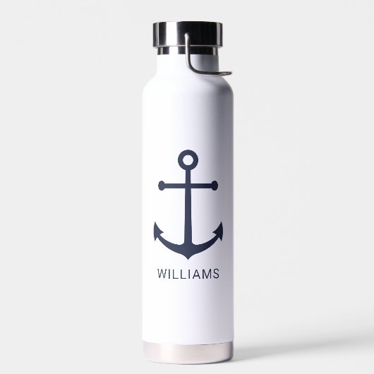 Nautical Navy Blue Anchor en aangepaste naam Waterfles (Links)