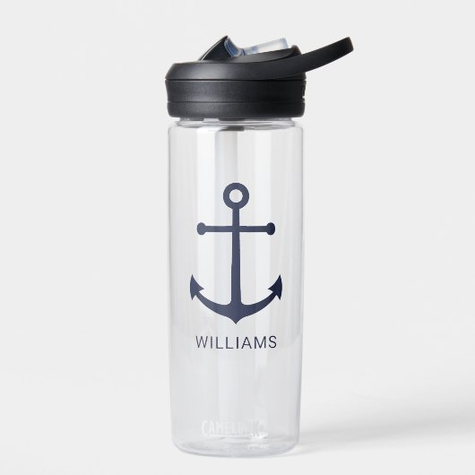 Nautical Navy Blue Anchor en aangepaste naam Waterfles (Links)
