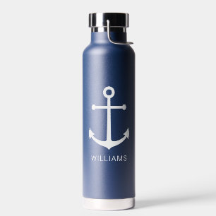 Nautical Navy Blue Anchor en aangepaste naam Waterfles
