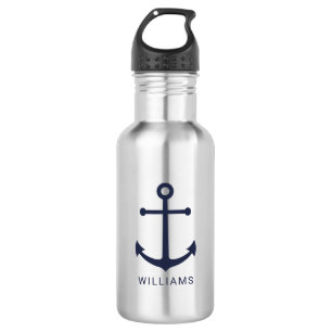 Nautical Navy Blue Anchor en aangepaste naam Waterfles