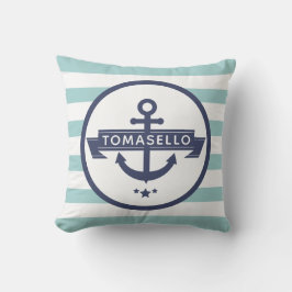 Nautical Navy Blue Anchor Familienaam Aqua Stripes Buitenkussen