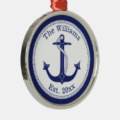 Nautical Navy Blue Anchor Familienaam Metalen Ornament (Rechts)