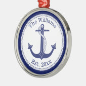 Nautical Navy Blue Anchor Familienaam Metalen Ornament (Links)