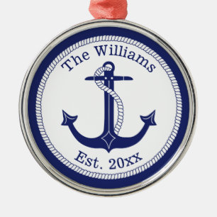 Nautical Navy Blue Anchor Familienaam Metalen Ornament