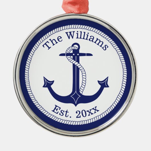 Nautical Navy Blue Anchor Familienaam Metalen Ornament (Voorkant)