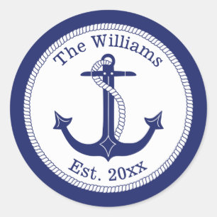 Nautical Navy Blue Anchor Familienaam Ronde Sticker