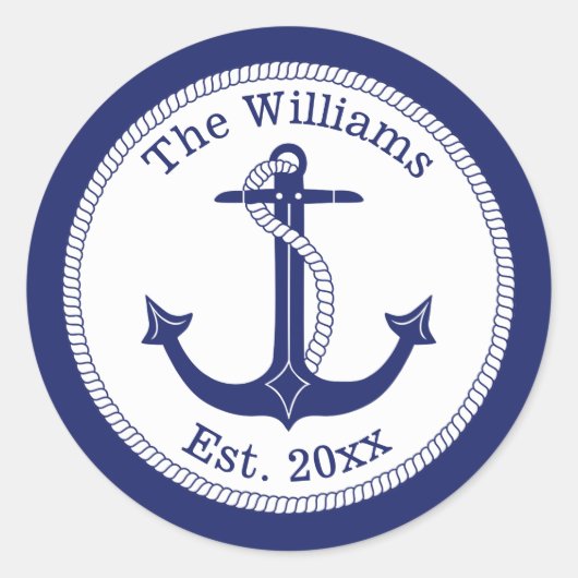 Nautical Navy Blue Anchor Familienaam Ronde Sticker (Voorkant)