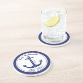 Nautical Navy Blue Anchor Familienaam Zandsteen Onderzetter (Zijkant)