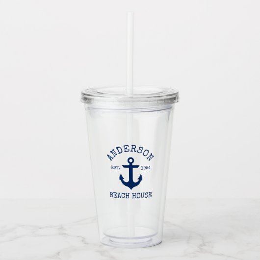 Nautical Navy Blue Anchor Family Beach House Acryl Drinkbeker (Voorkant)