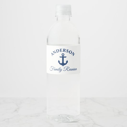 Nautical Navy Blue Anchor Family Reunion Waterfles Etiket (Voorkant)