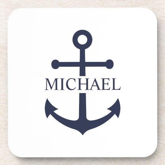 Nautical Navy Blue Anchor Gepersonaliseerde naam Bier Onderzetter (Voorkant)