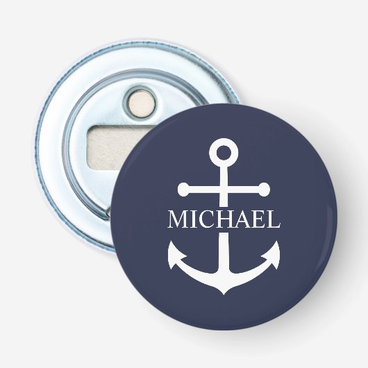 Nautical Navy Blue Anchor Gepersonaliseerde naam Button Flesopener (Voorkant)