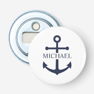 Nautical Navy Blue Anchor Gepersonaliseerde naam Button Flesopener