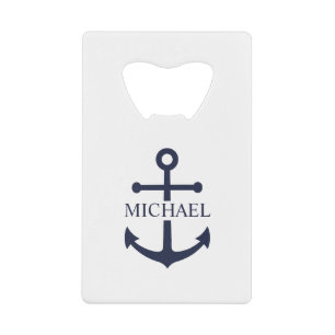 Nautical Navy Blue Anchor Gepersonaliseerde naam Creditkaart Flessenopener